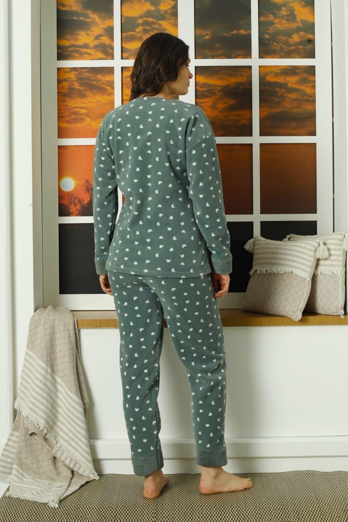 Love Kalp Desenli Polar Pijama Takımı Yeşil