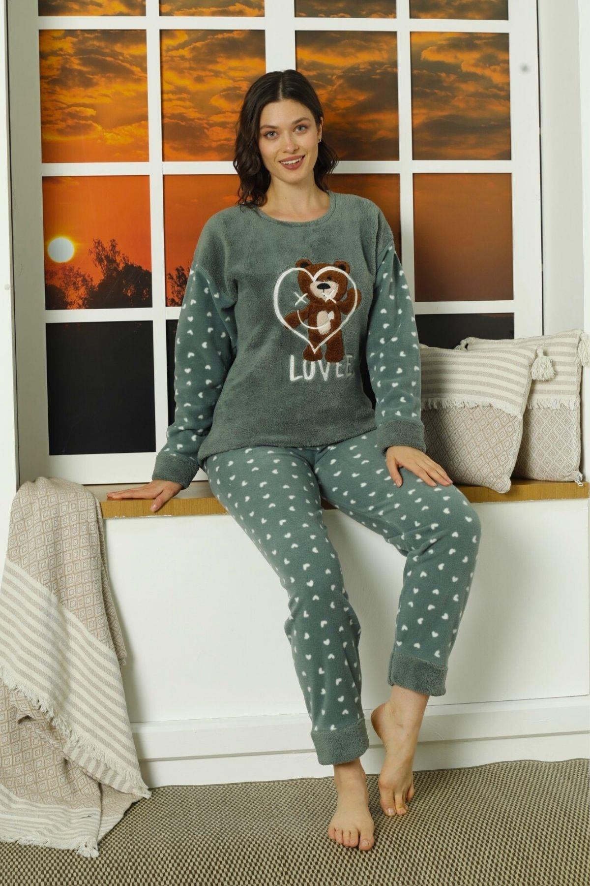 Love Kalp Desenli Polar Pijama Takımı Yeşil