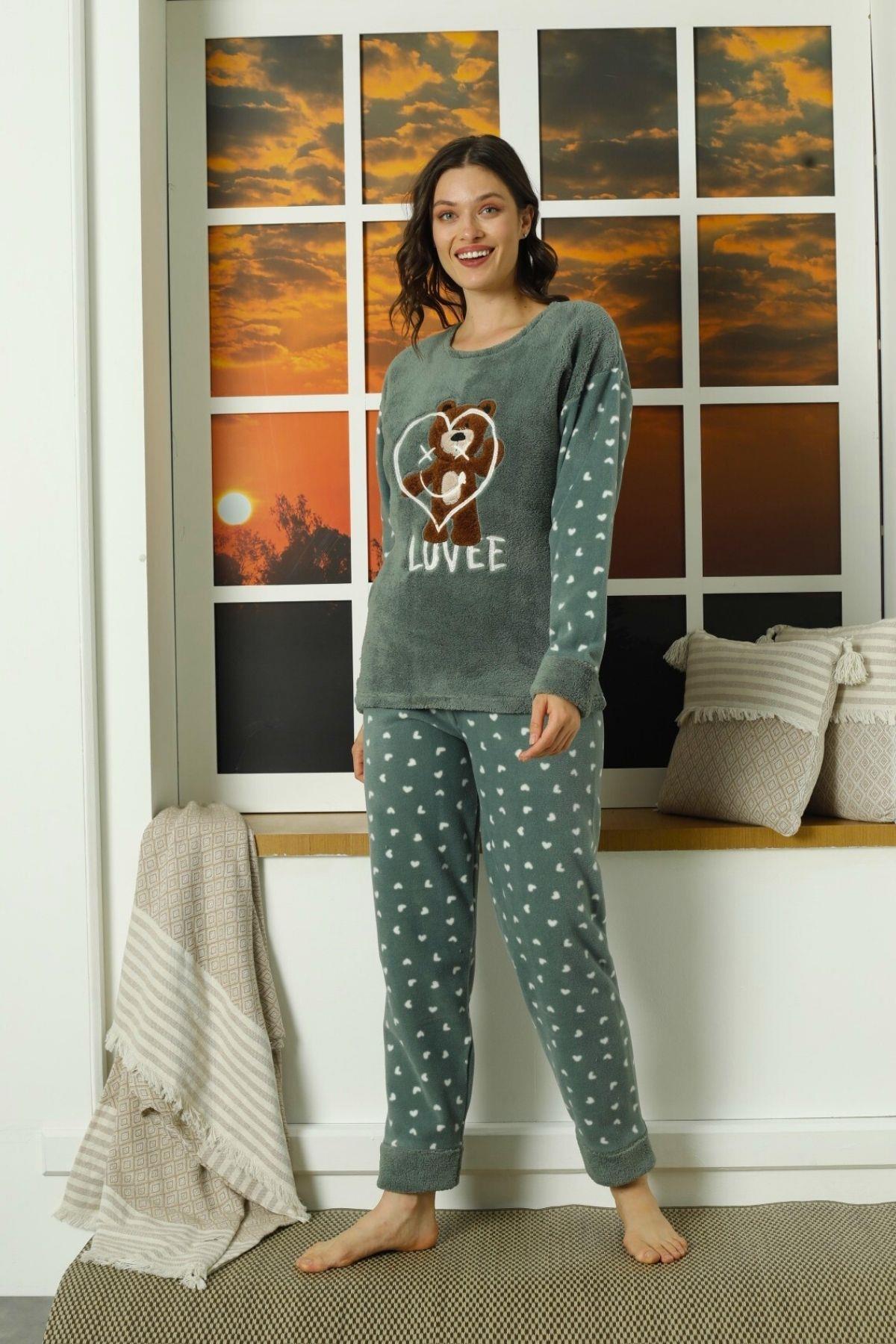 Love Kalp Desenli Polar Pijama Takımı Yeşil