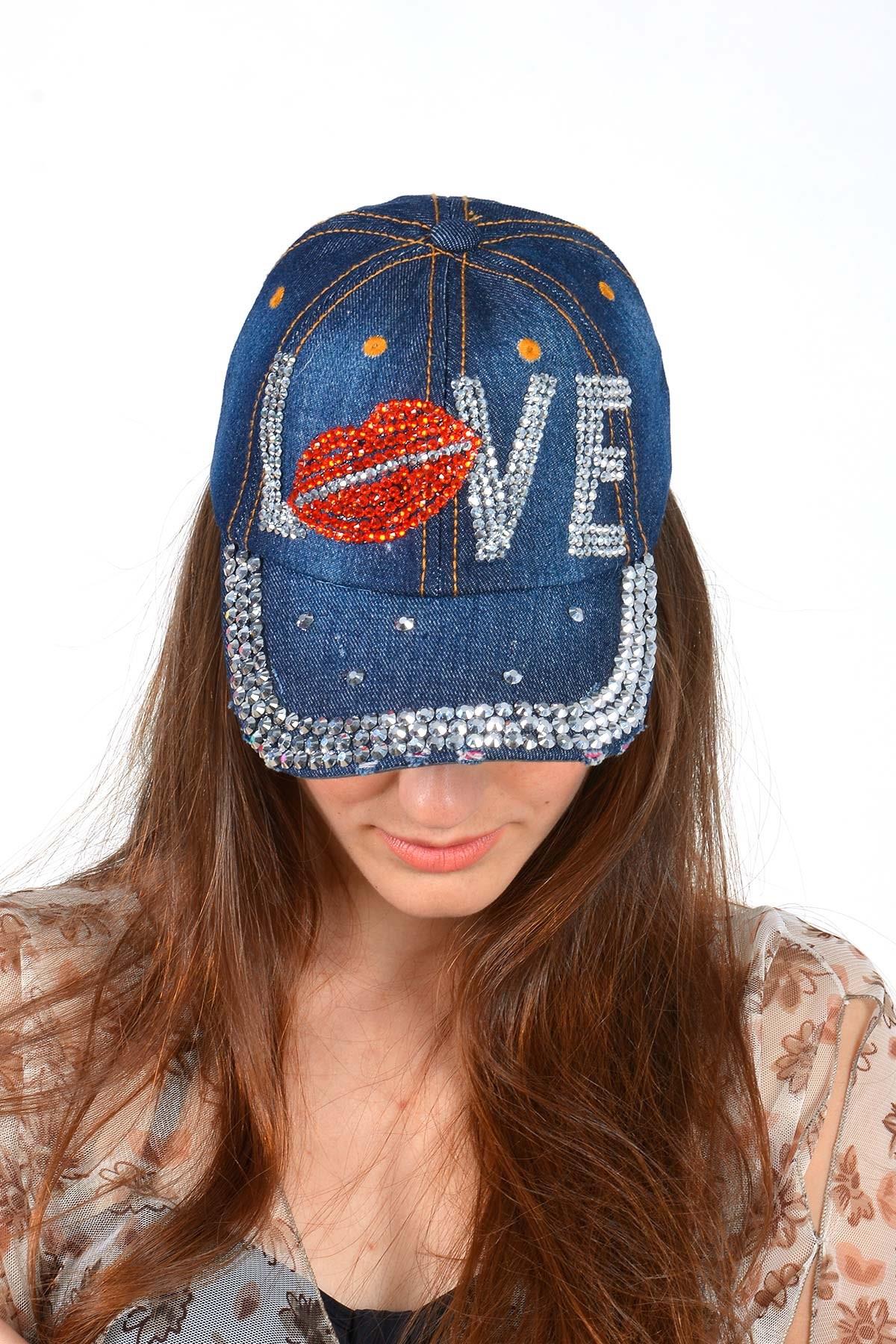 Love Taşlı Çocuk Kot Şapka Lacivert