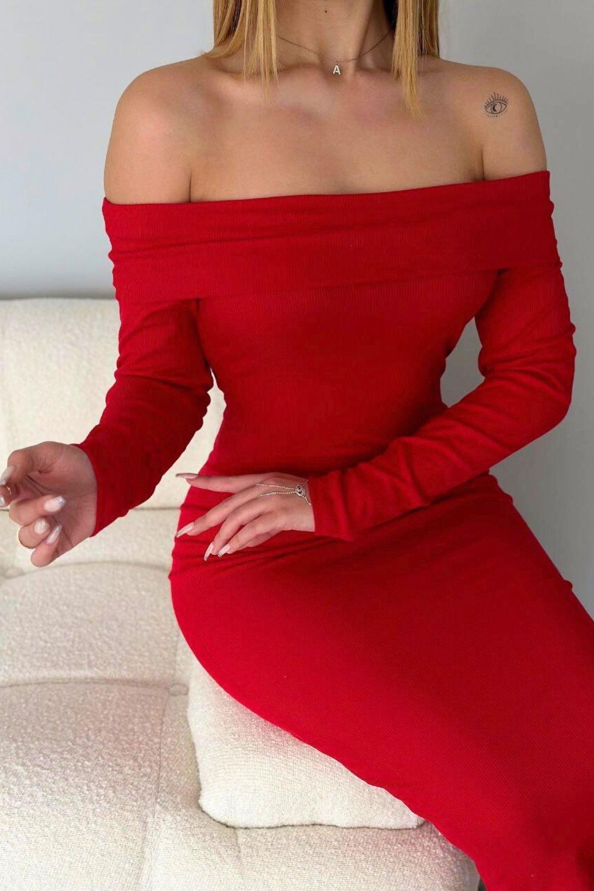 Madonna Yaka Fitilli Kalem Elbise Kırmızı