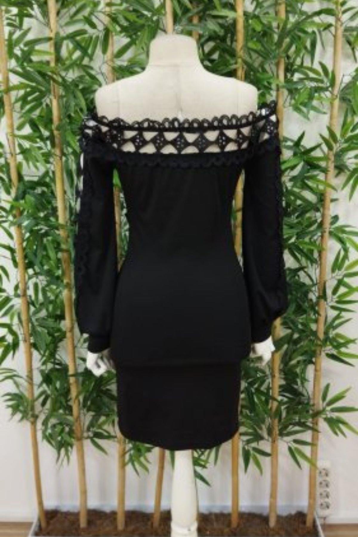 Madonna Yaka Kol Yaka Bel Dantel Detay Şardonlu Dalgıç Elbise Siyah