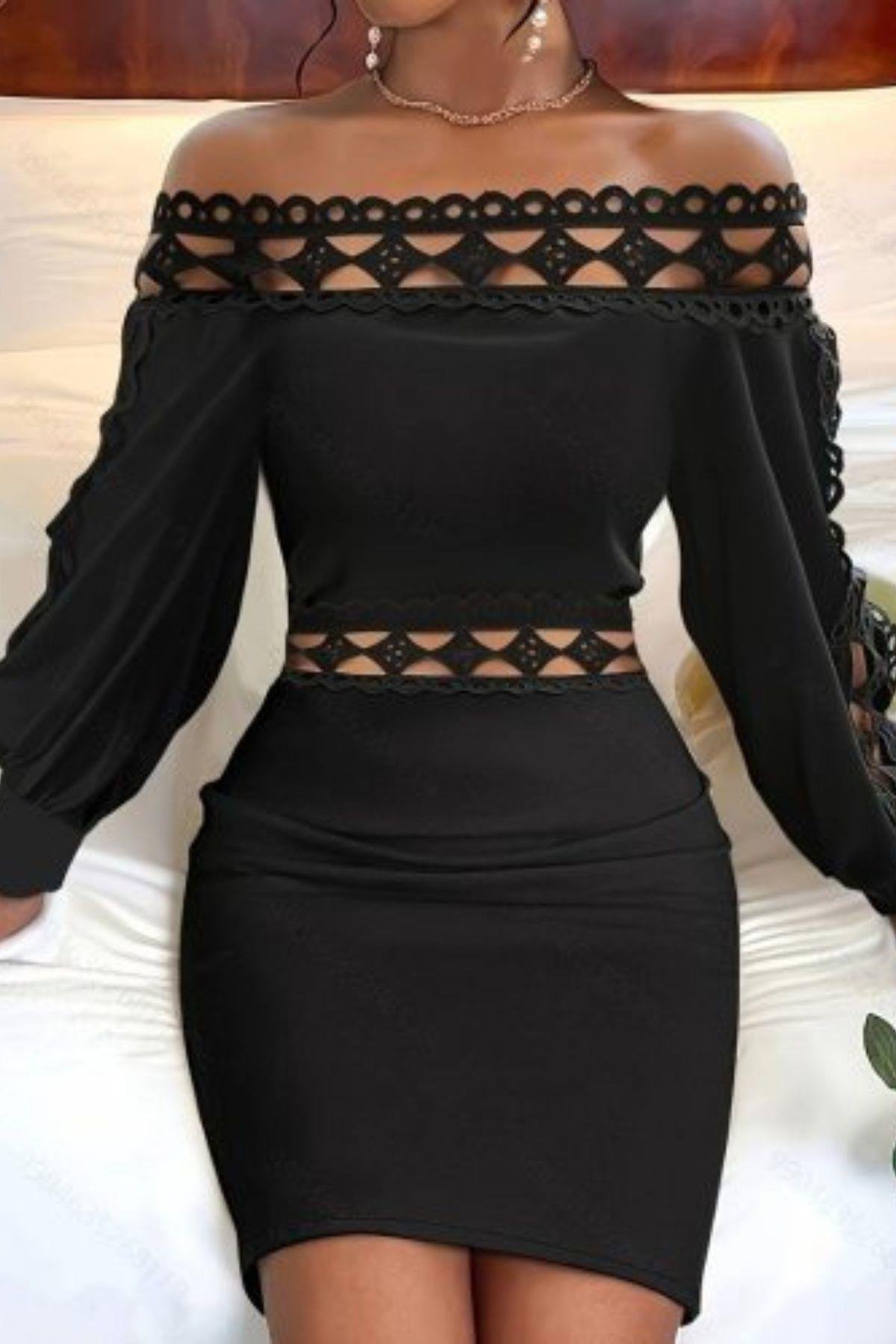 Madonna Yaka Kol Yaka Bel Dantel Detay Şardonlu Dalgıç Elbise Siyah