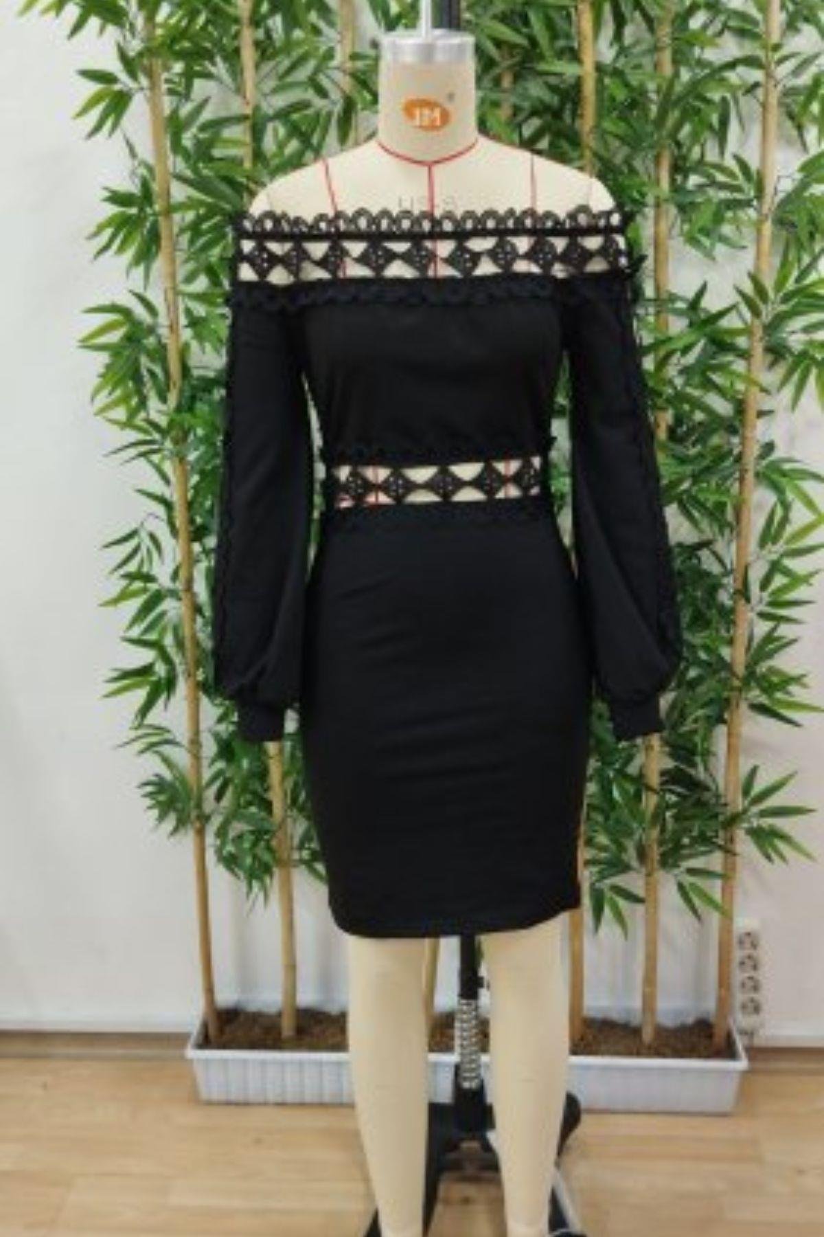 Madonna Yaka Kol Yaka Bel Dantel Detay Şardonlu Dalgıç Elbise Siyah