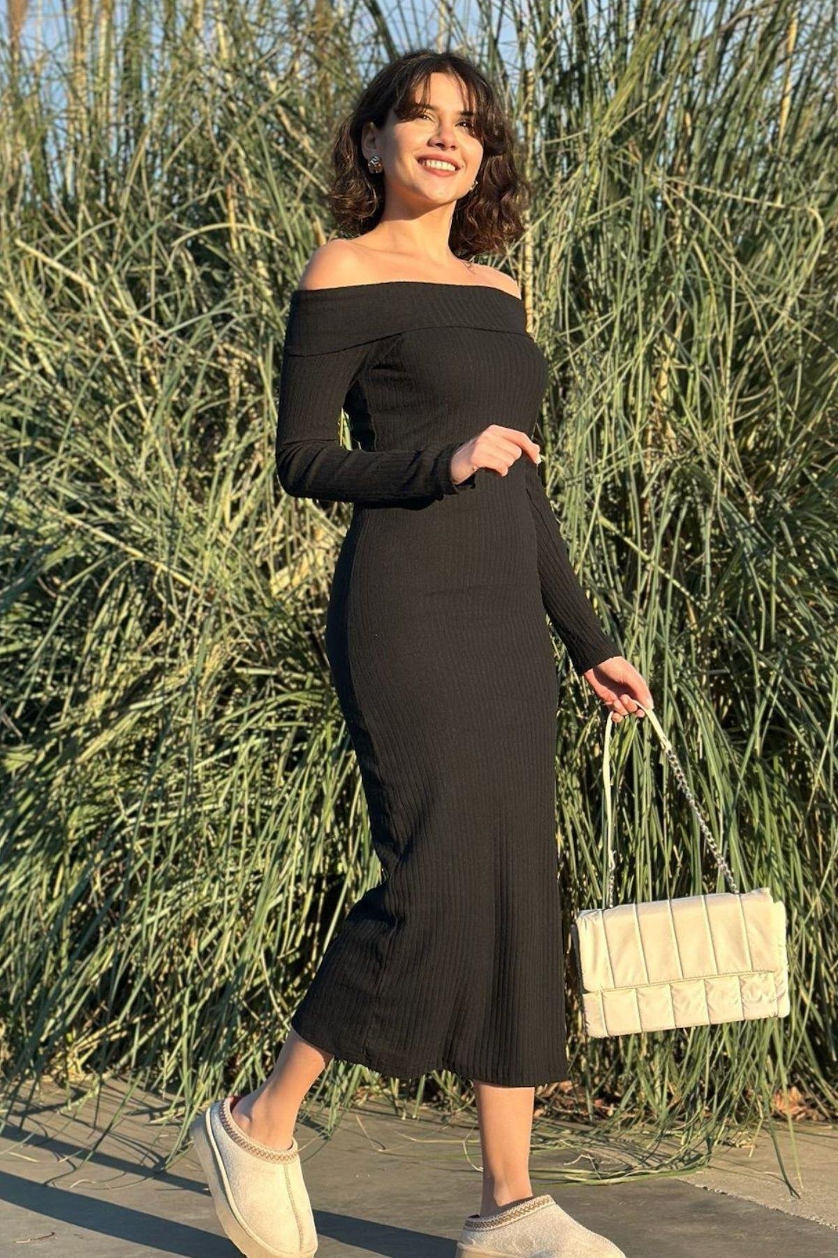 Madonna Yaka Şardonlu Uzun Elbise Siyah