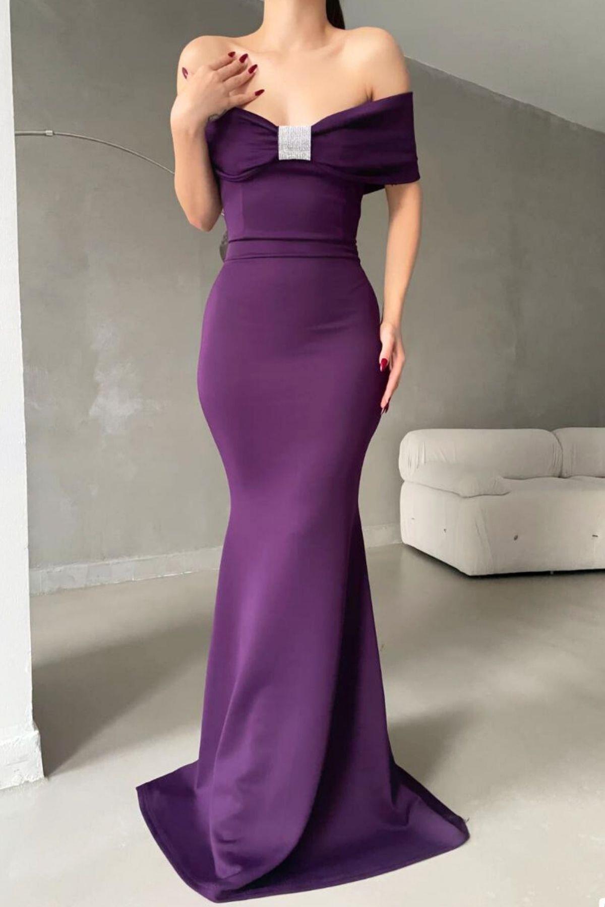 Madonna Yaka Taş Detaylı Scuba Balık Model Maxi Elbise Mor