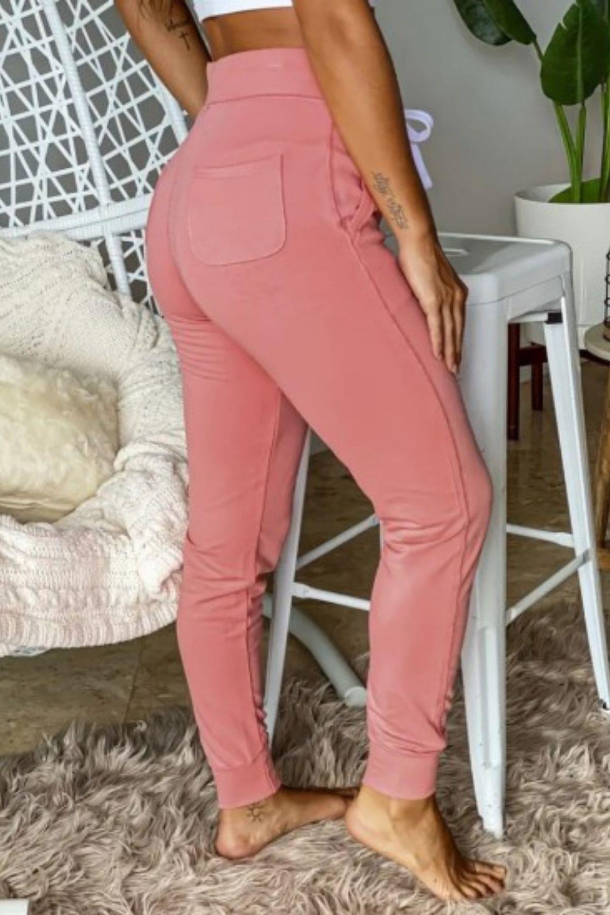 Madonna Yaka Viskon Crop Cepli İki İplik Eşofman Takım Pembe