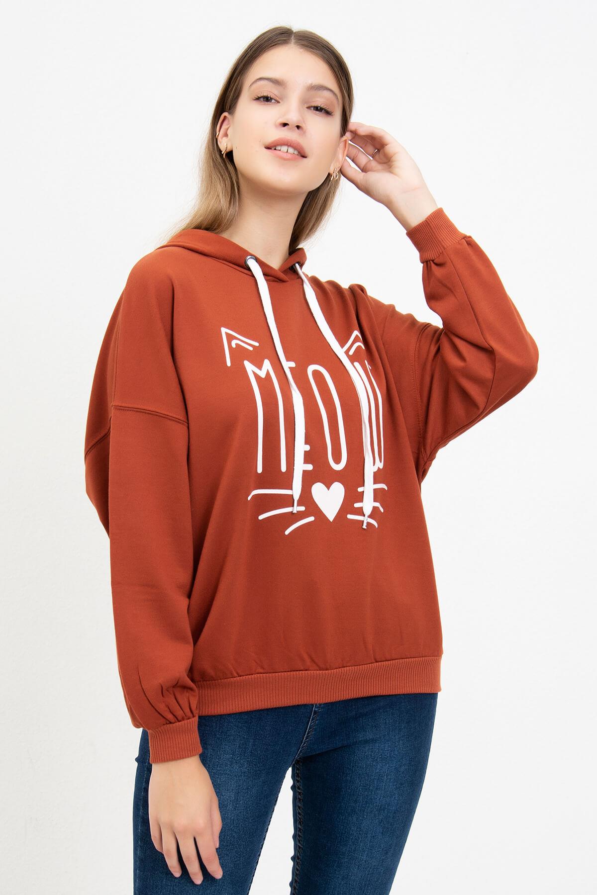 Meow Baskılı Sweatshirt Kiremit