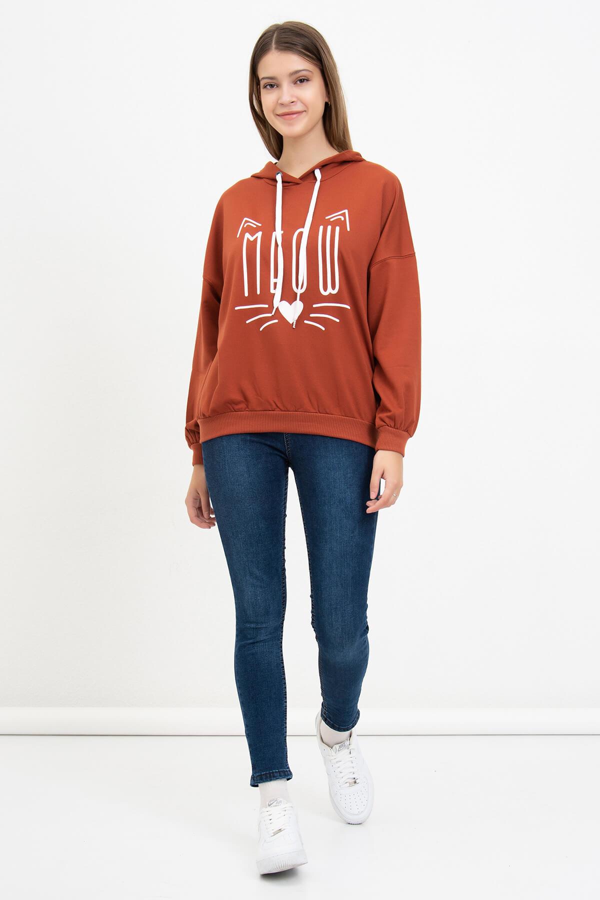 Meow Baskılı Sweatshirt Kiremit