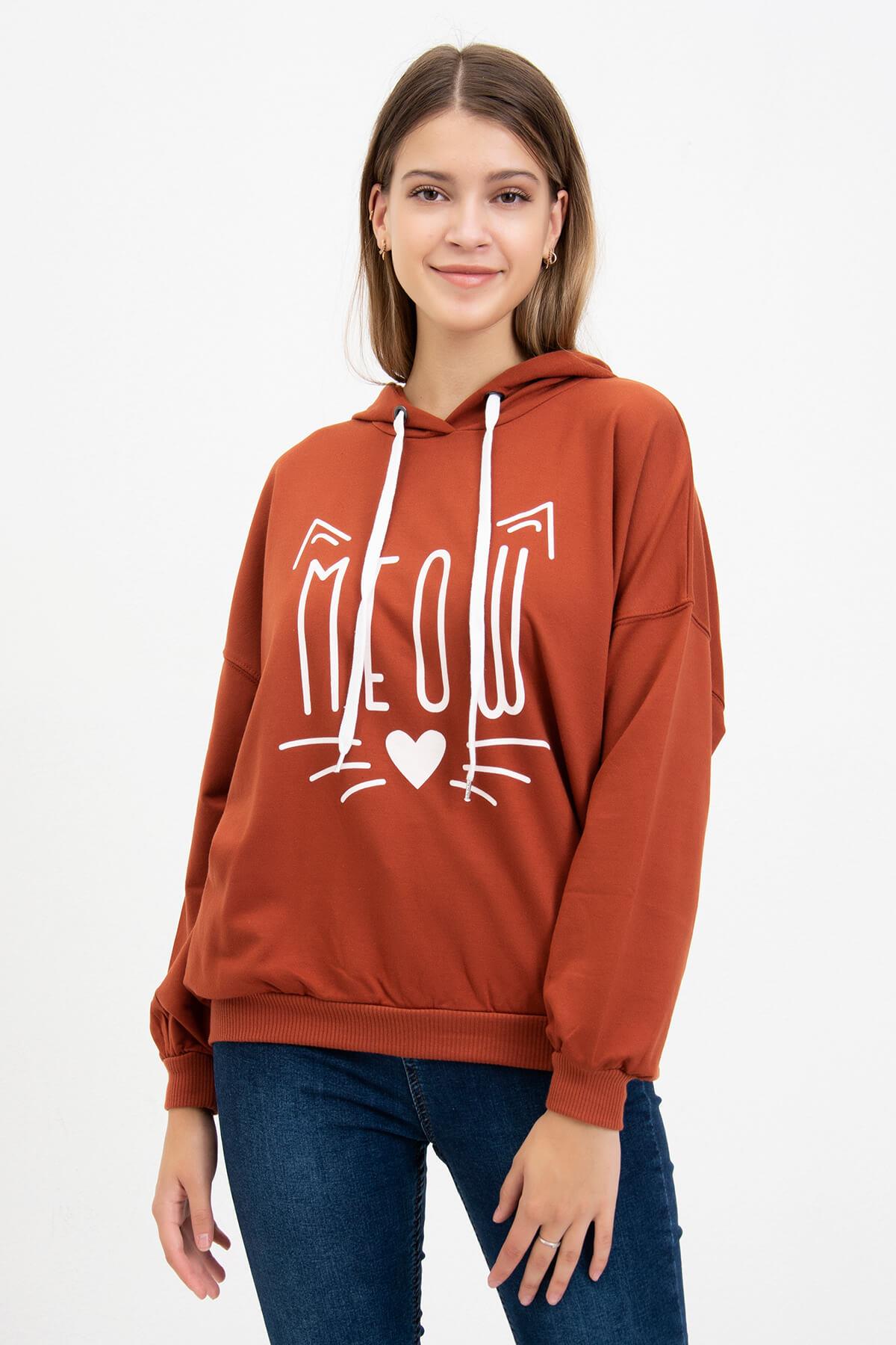 Meow Baskılı Sweatshirt Kiremit