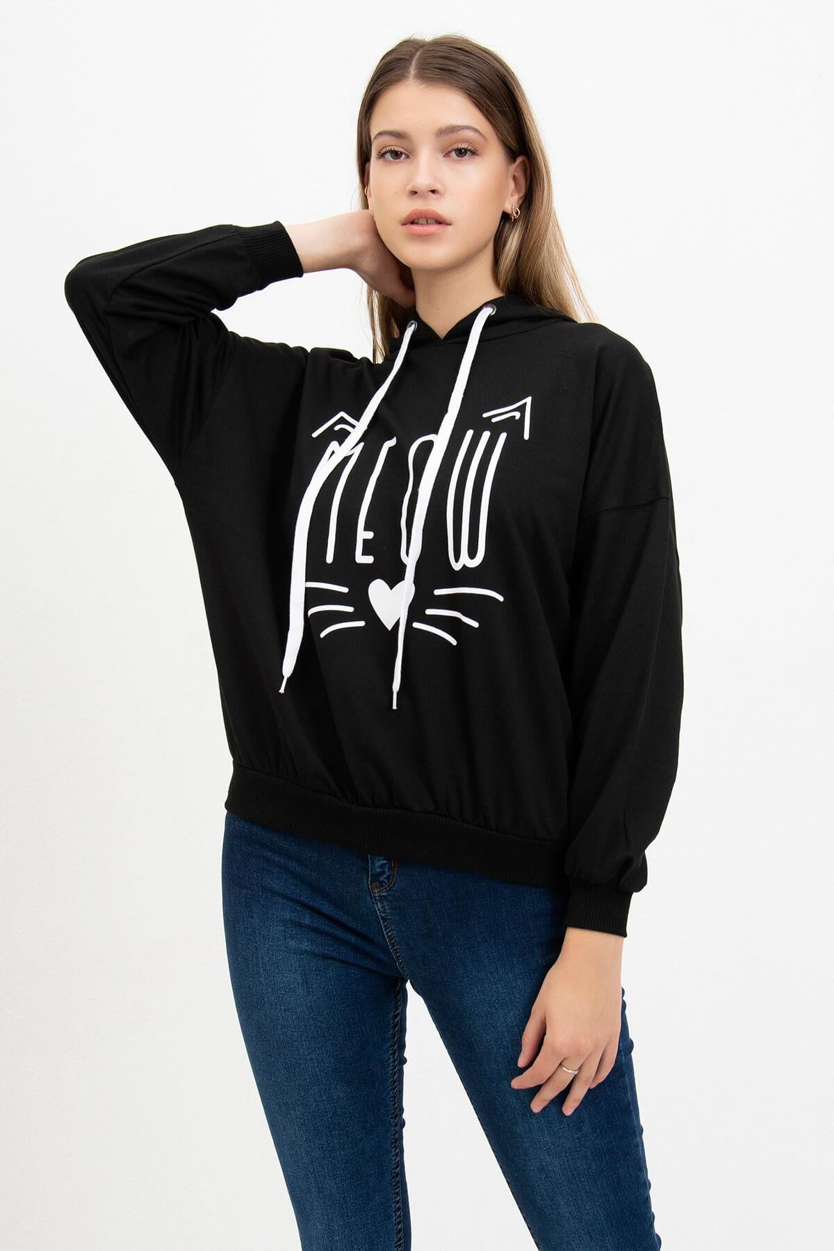 Meow Baskılı Sweatshirt Siyah