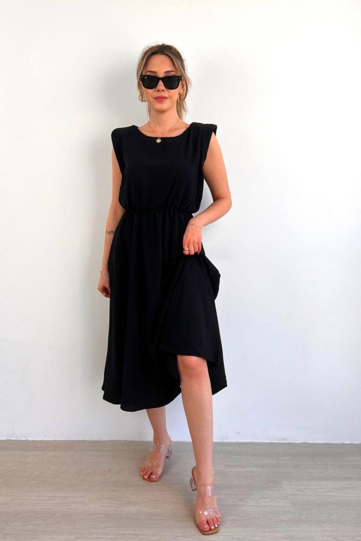 Moni Sıfır Kol Vatkalı Bel Lastikli Midi Boy Elbise Siyah