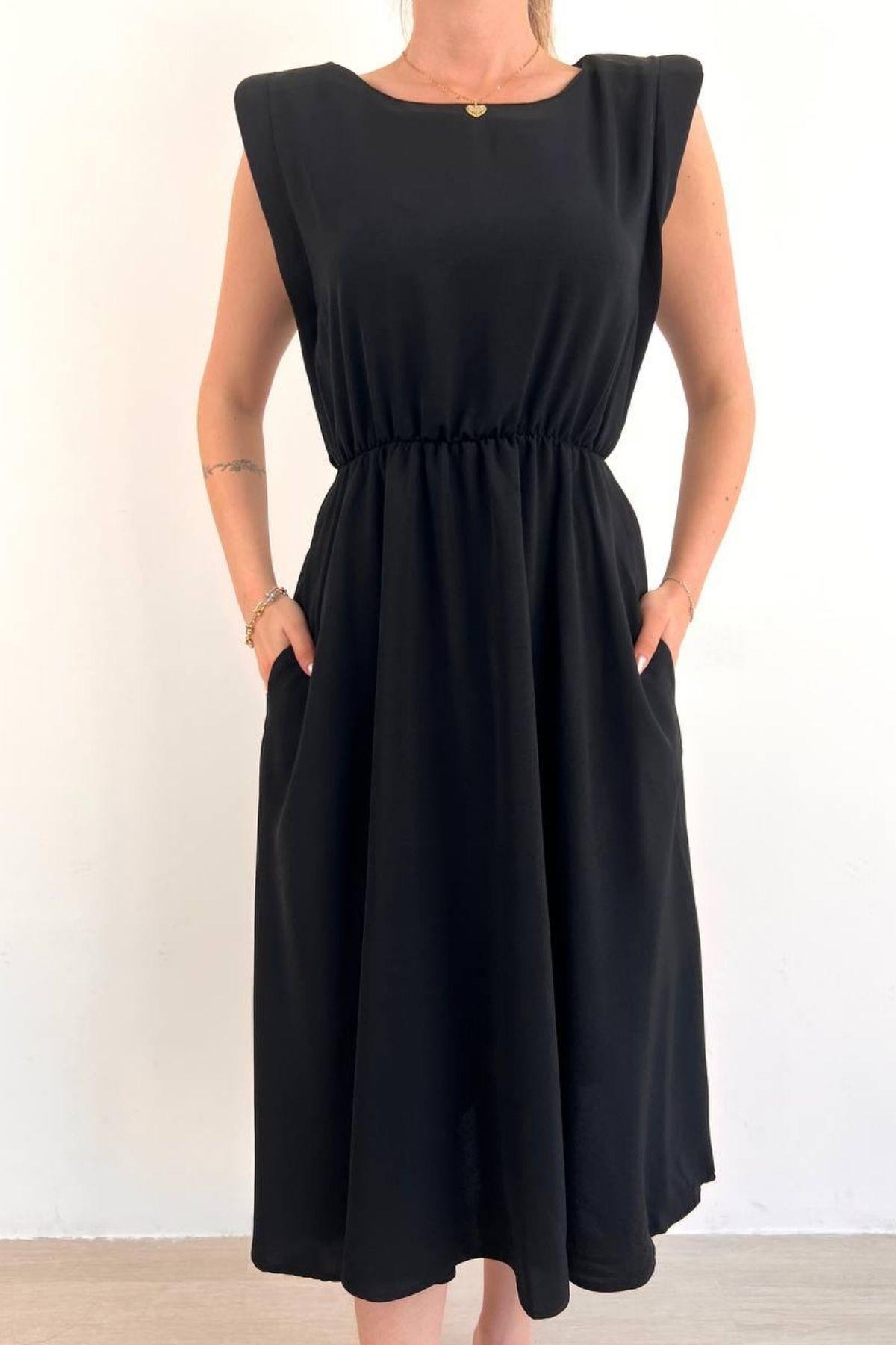 Moni Sıfır Kol Vatkalı Bel Lastikli Midi Boy Elbise Siyah