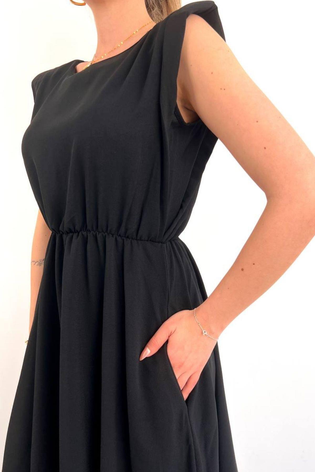 Moni Sıfır Kol Vatkalı Bel Lastikli Midi Boy Elbise Siyah