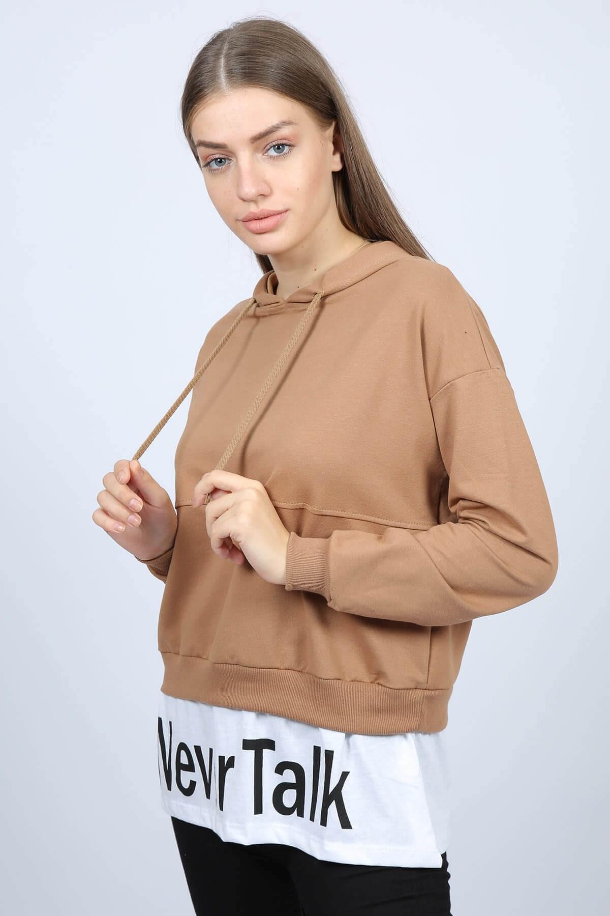 Never Talk Baskılı Kapüşonlu Sweat Vizon