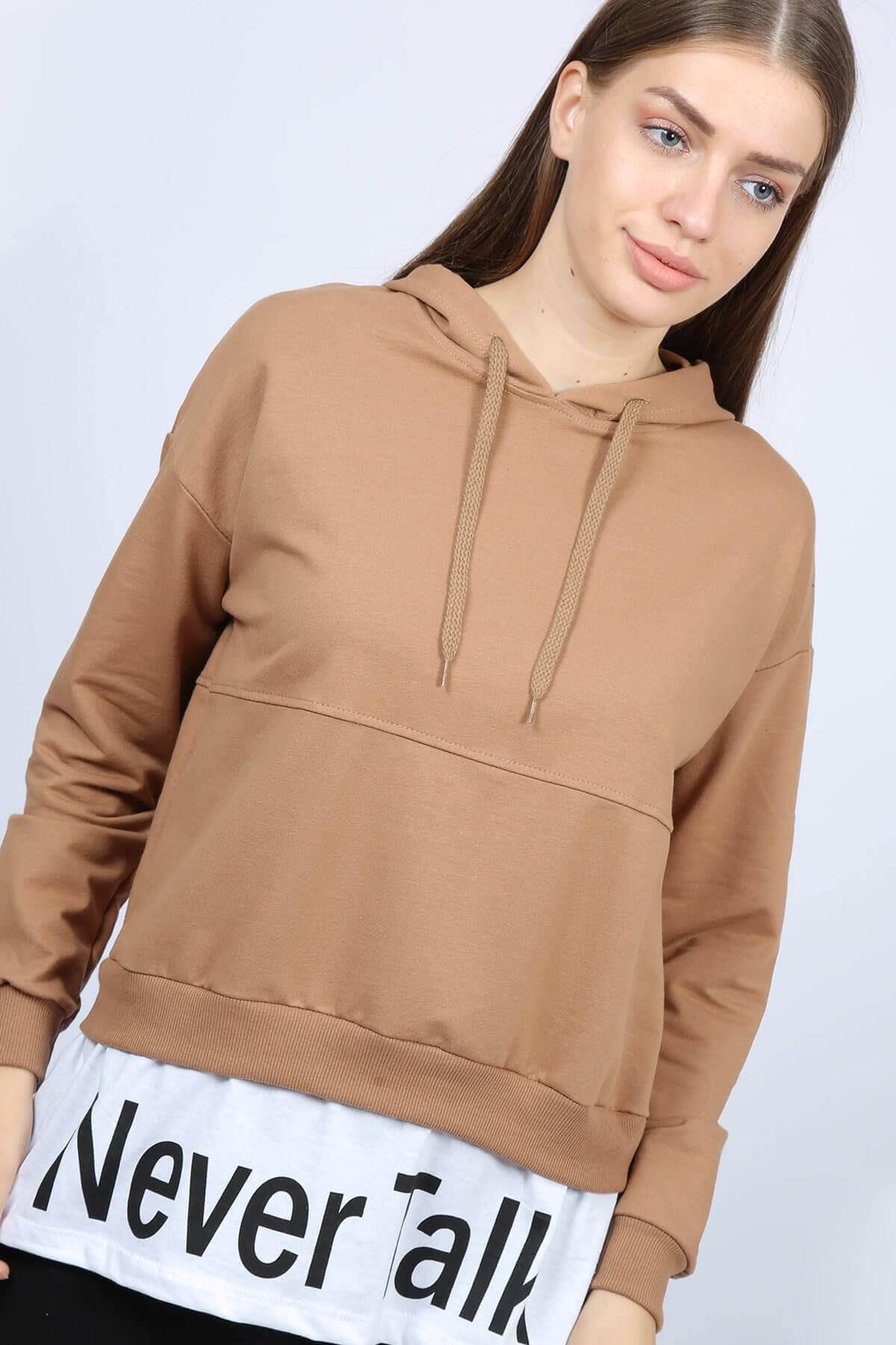 Never Talk Baskılı Kapüşonlu Sweat Vizon