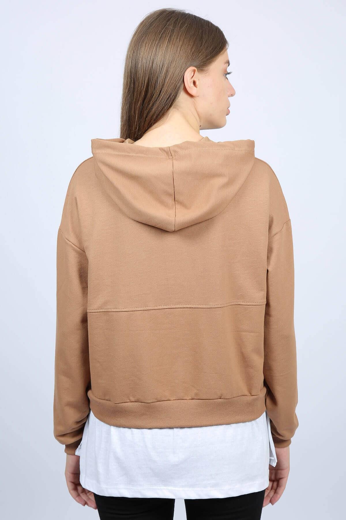 Never Talk Baskılı Kapüşonlu Sweat Vizon