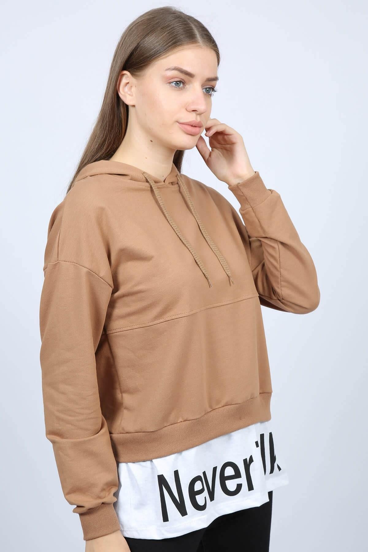 Never Talk Baskılı Kapüşonlu Sweat Vizon