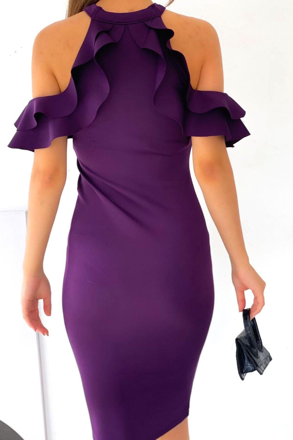 Omuz Dekolteli Scuba Elbise Mor