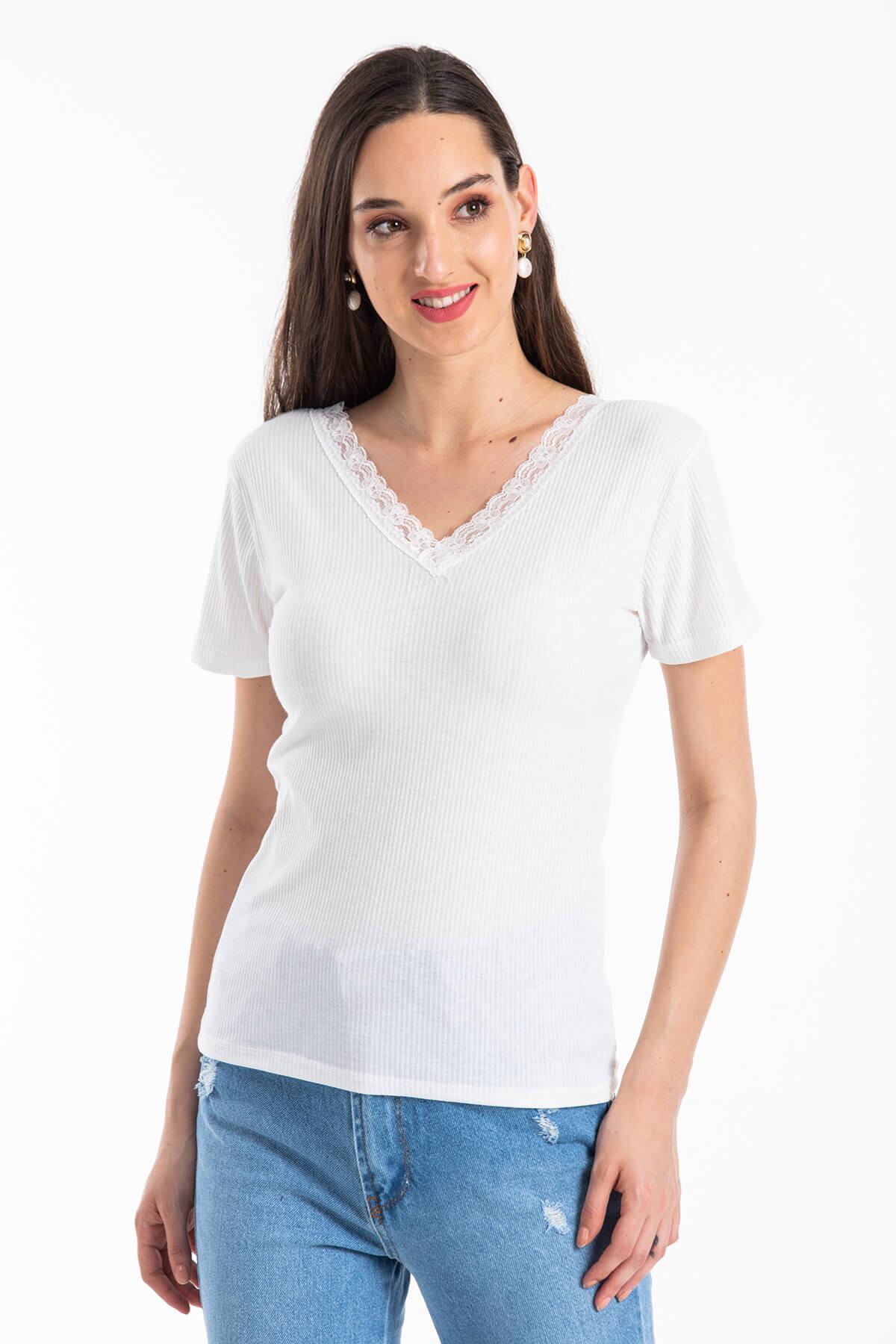 Ön Arka V Yaka Kaşkorse T-Shirt Beyaz