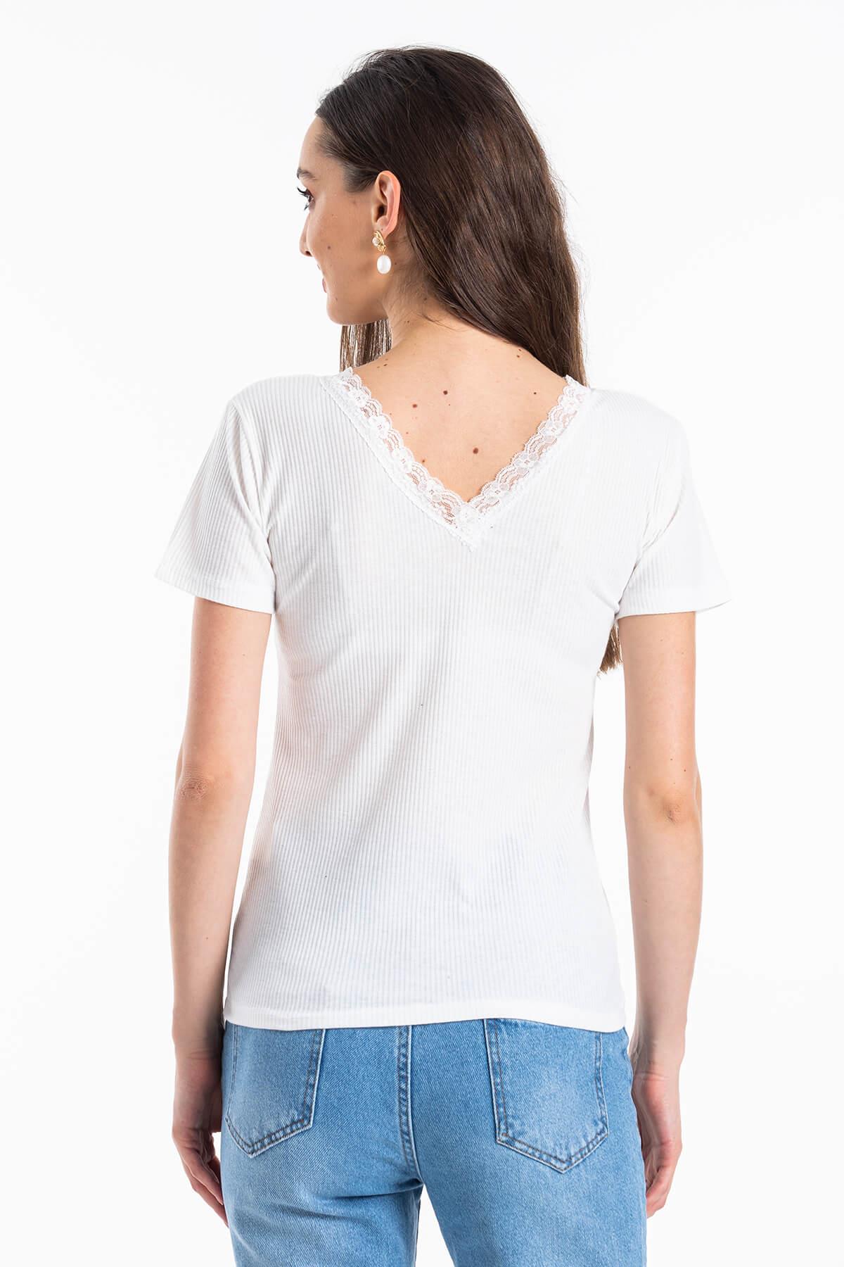 Ön Arka V Yaka Kaşkorse T-Shirt Beyaz