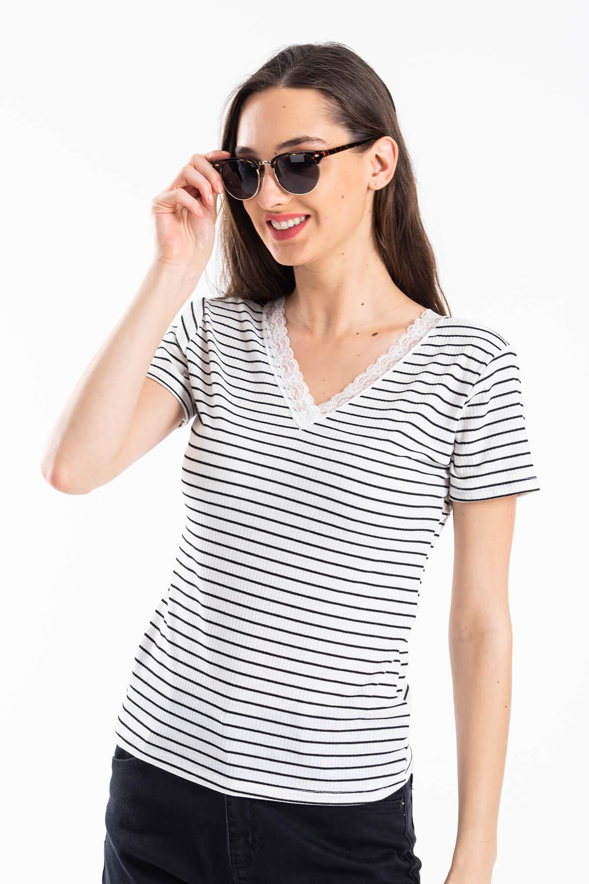 Ön Arka V Yaka Kaşkorse T-Shirt Beyaz
