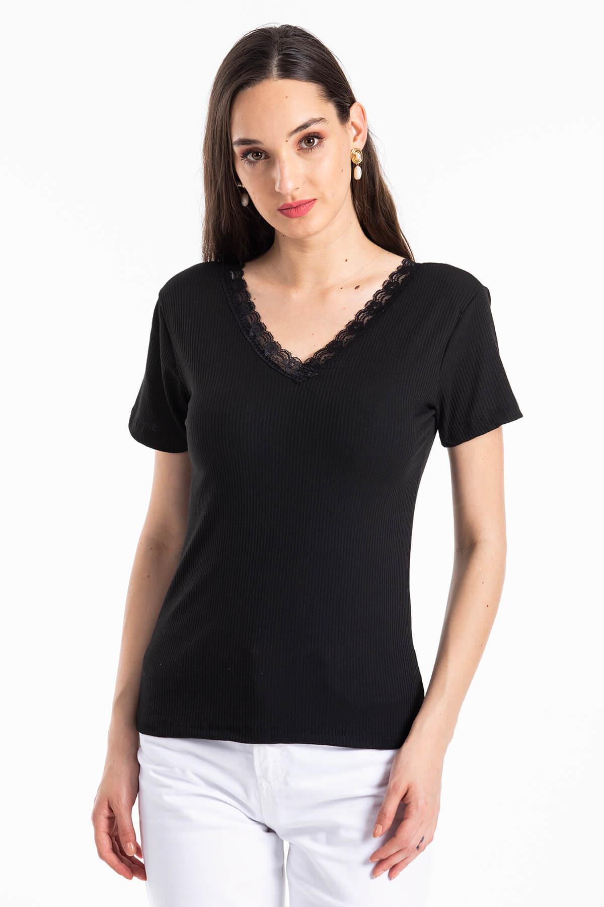 Ön Arka V Yaka Kaşkorse T-Shirt Siyah
