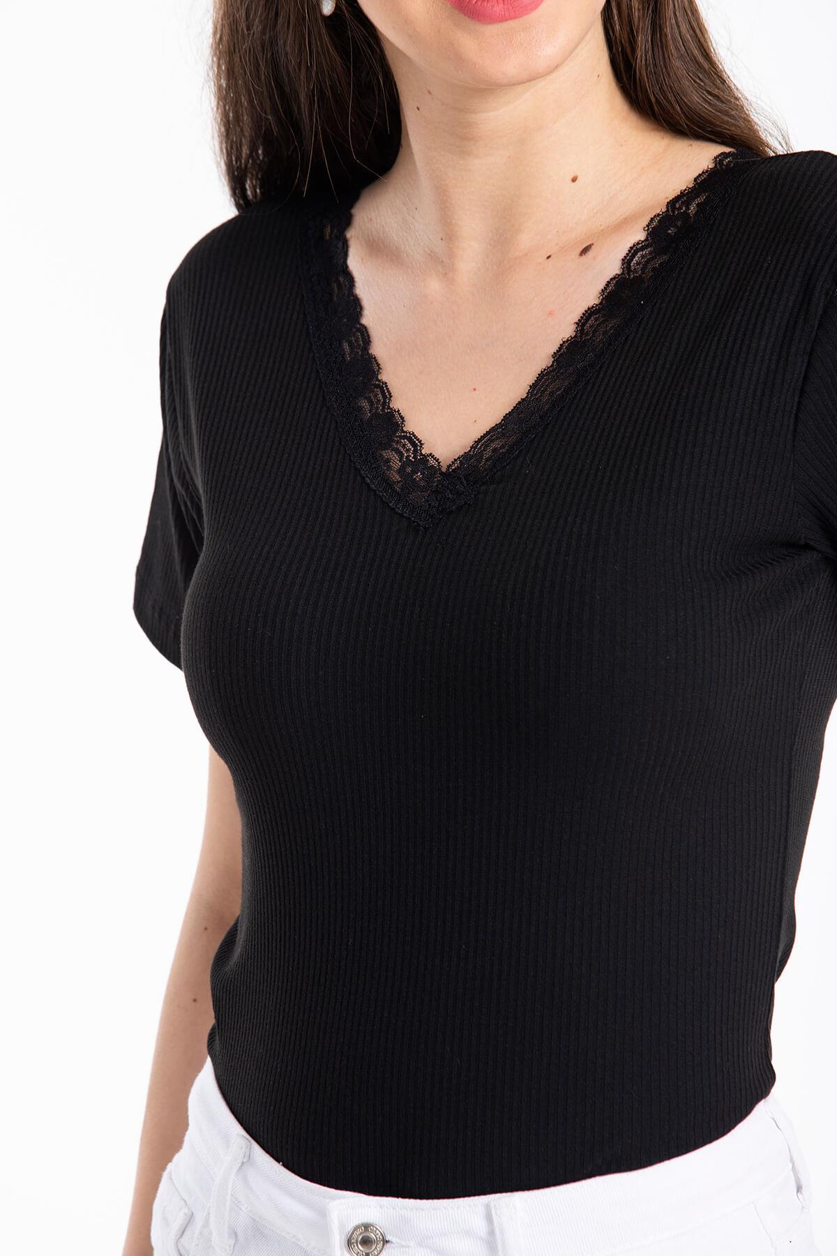 Ön Arka V Yaka Kaşkorse T-Shirt Siyah