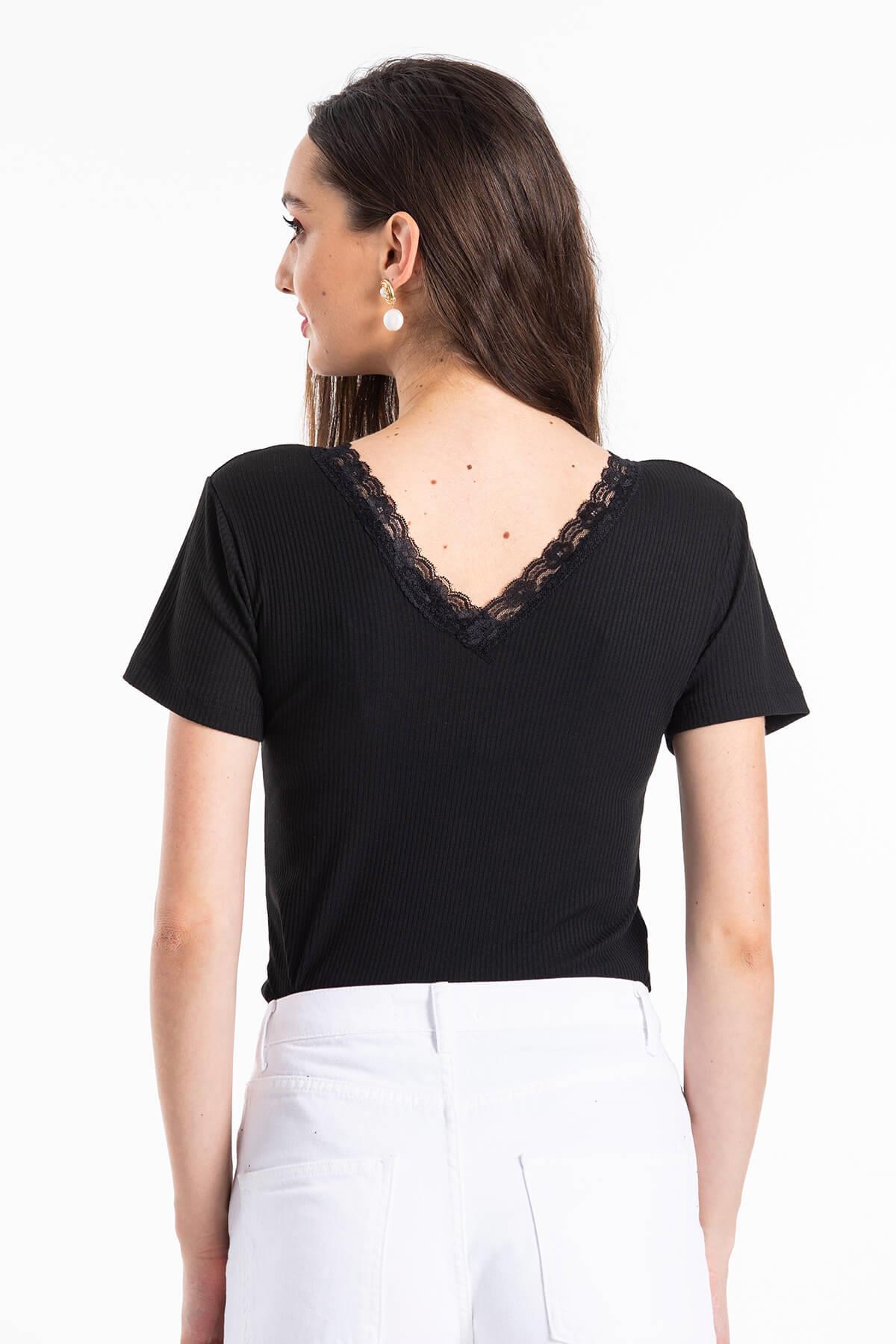 Ön Arka V Yaka Kaşkorse T-Shirt Siyah