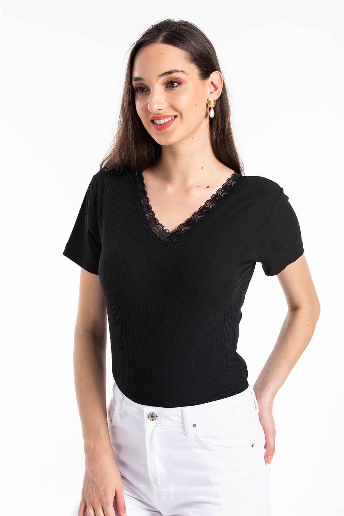 Ön Arka V Yaka Kaşkorse T-Shirt Siyah