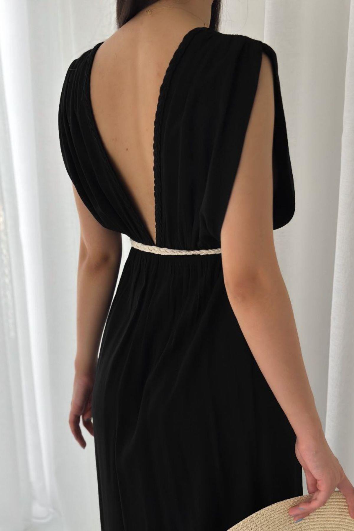 Örgü Kemerli Derin V Yaka Krinkıl Uzun Elbise Siyah