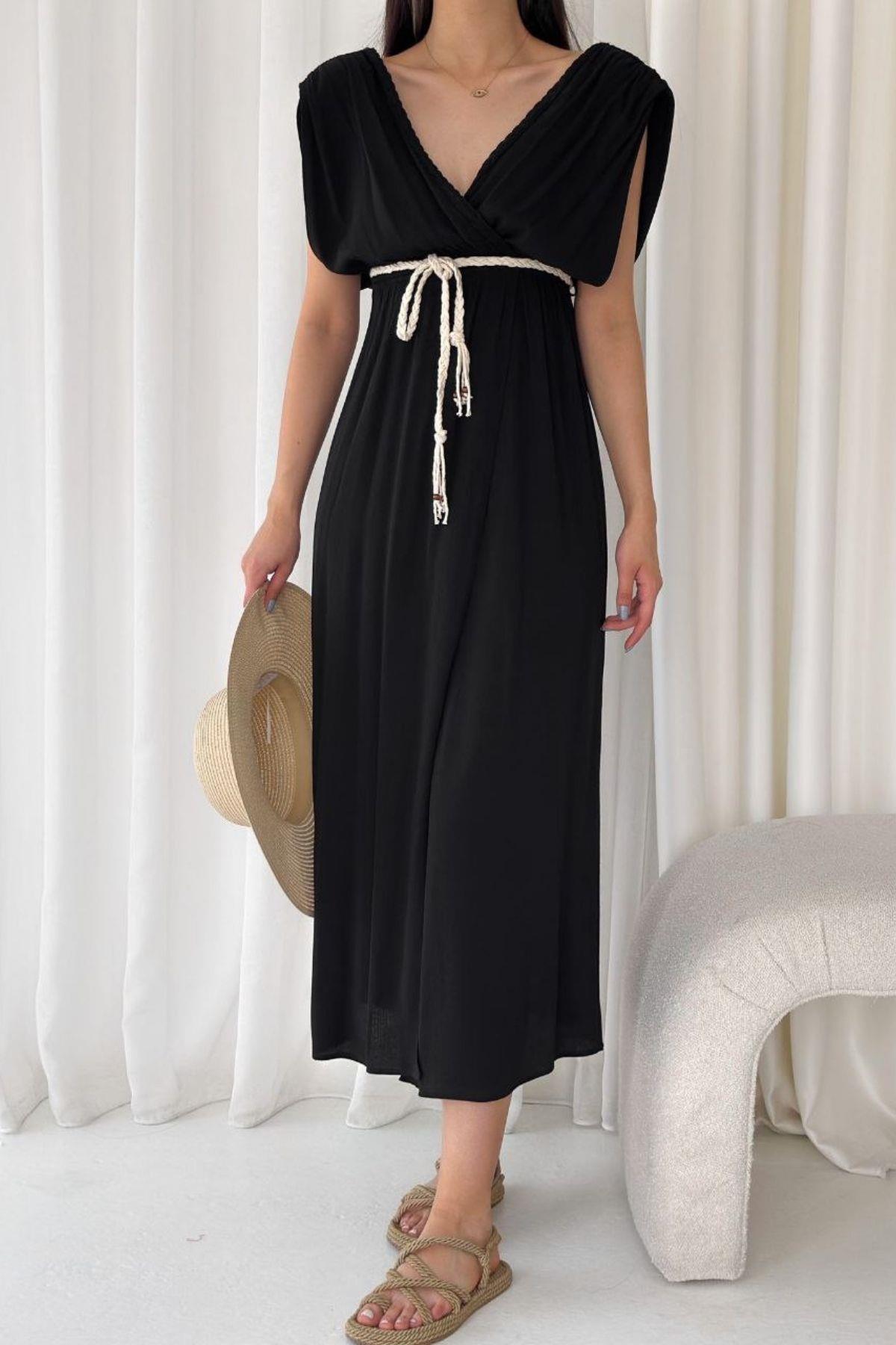 Örgü Kemerli Derin V Yaka Krinkıl Uzun Elbise Siyah