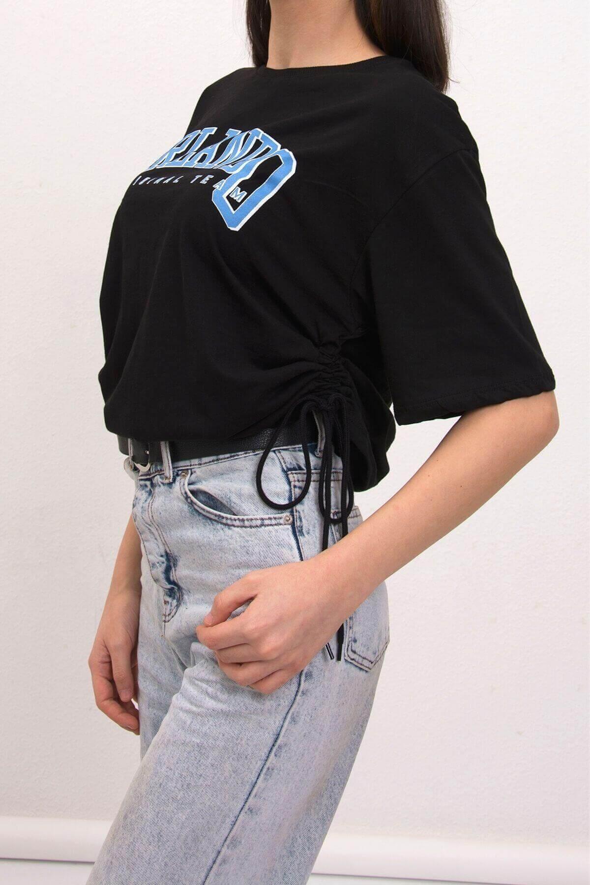 Orlando Yandan Büzgülü Siyah T-Shirt