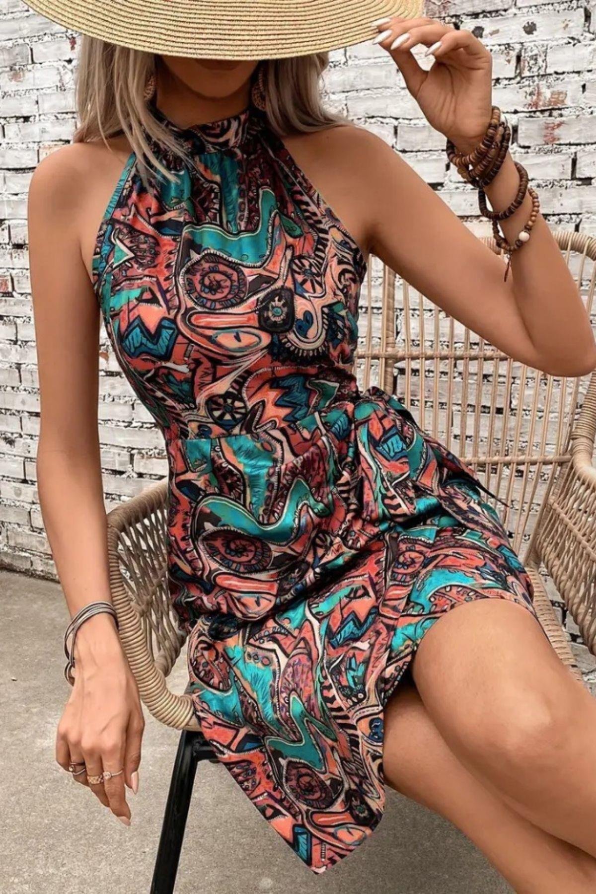 Otantik Desen Bağlama Detaylı Süprem Elbise Mavi