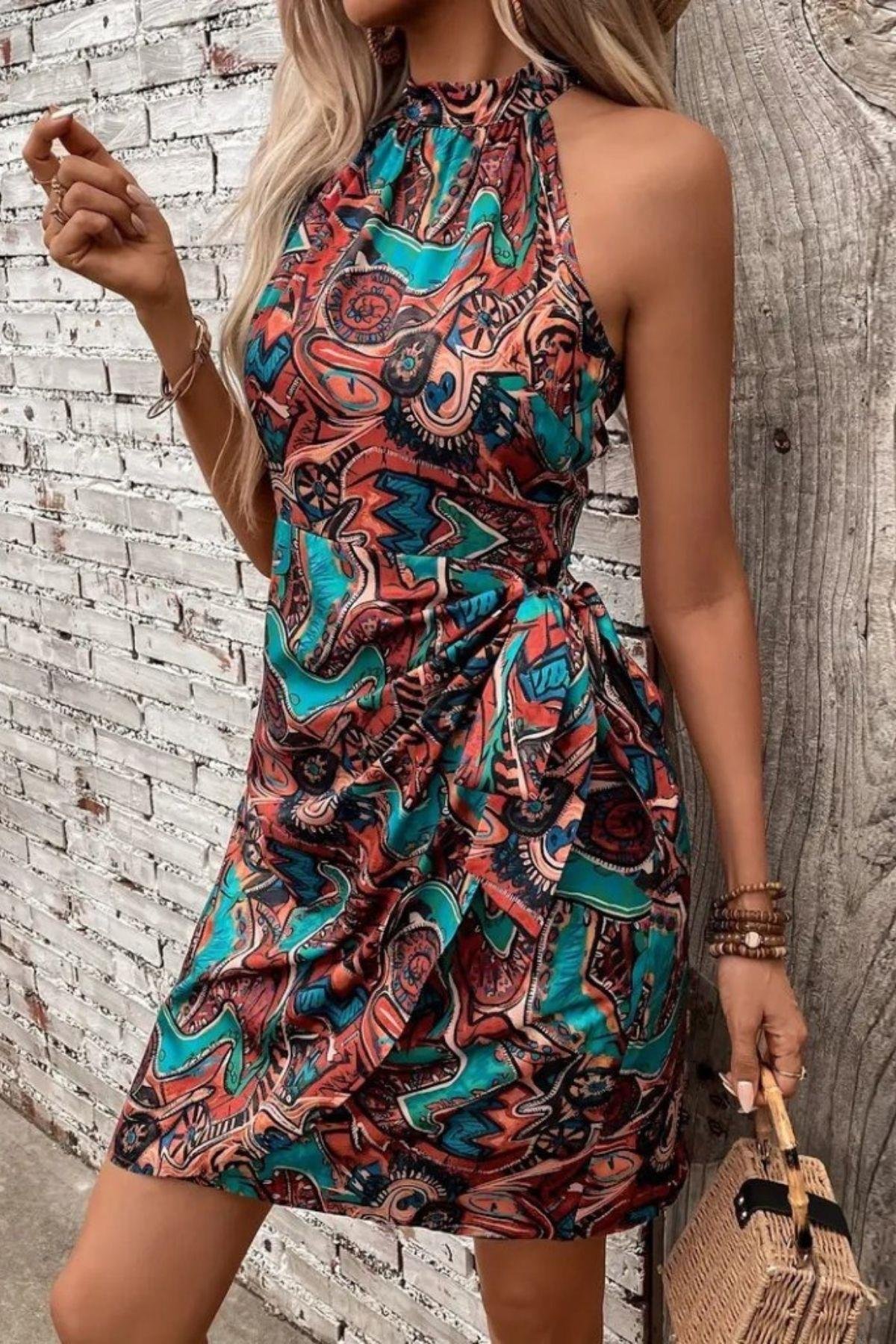 Otantik Desen Bağlama Detaylı Süprem Elbise Mavi