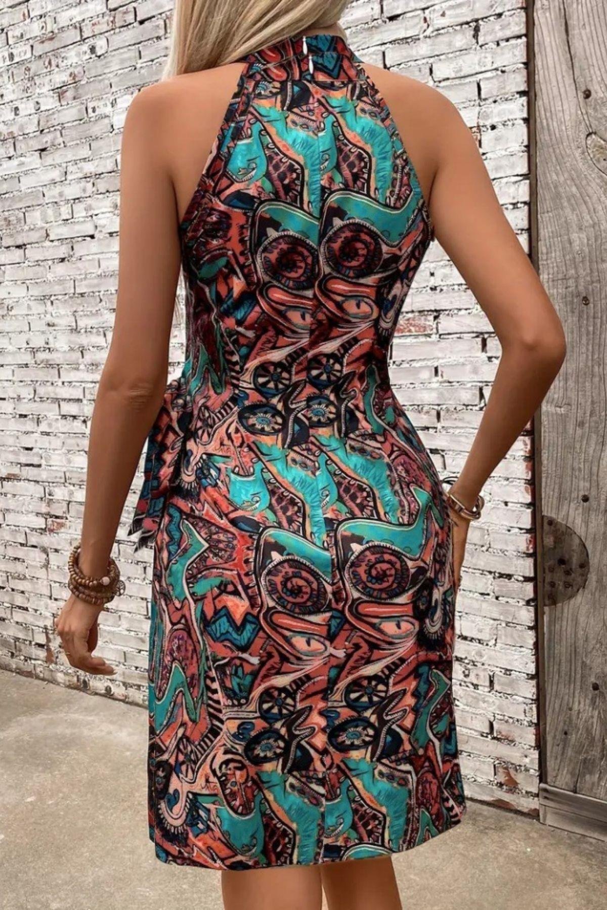 Otantik Desen Bağlama Detaylı Süprem Elbise Mavi