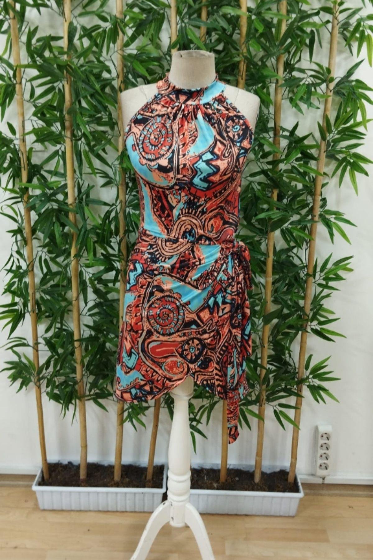 Otantik Desen Bağlama Detaylı Süprem Elbise Mavi