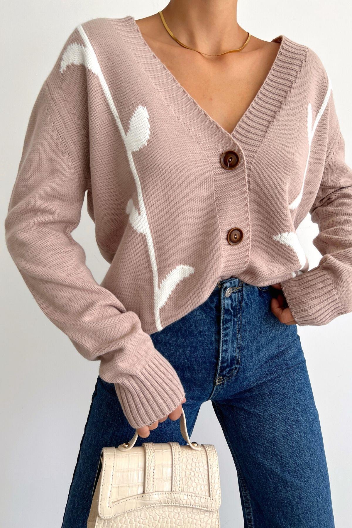 Oversize Düğmeli Hırka Vizon