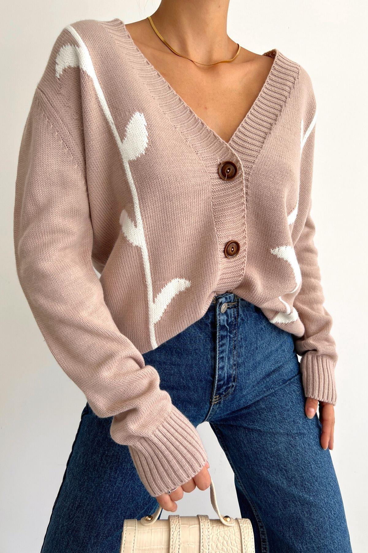 Oversize Düğmeli Hırka Vizon