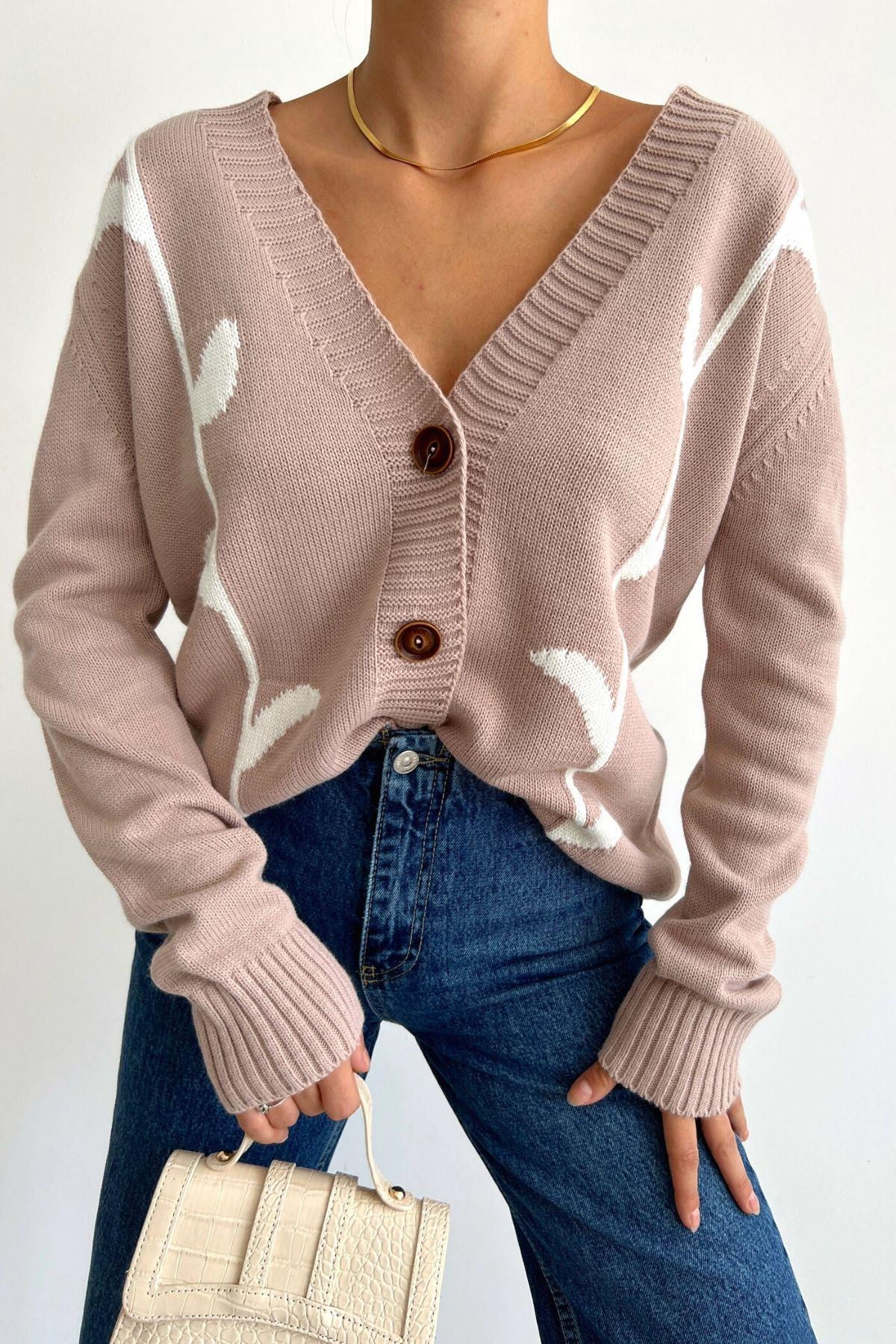 Oversize Düğmeli Hırka Vizon