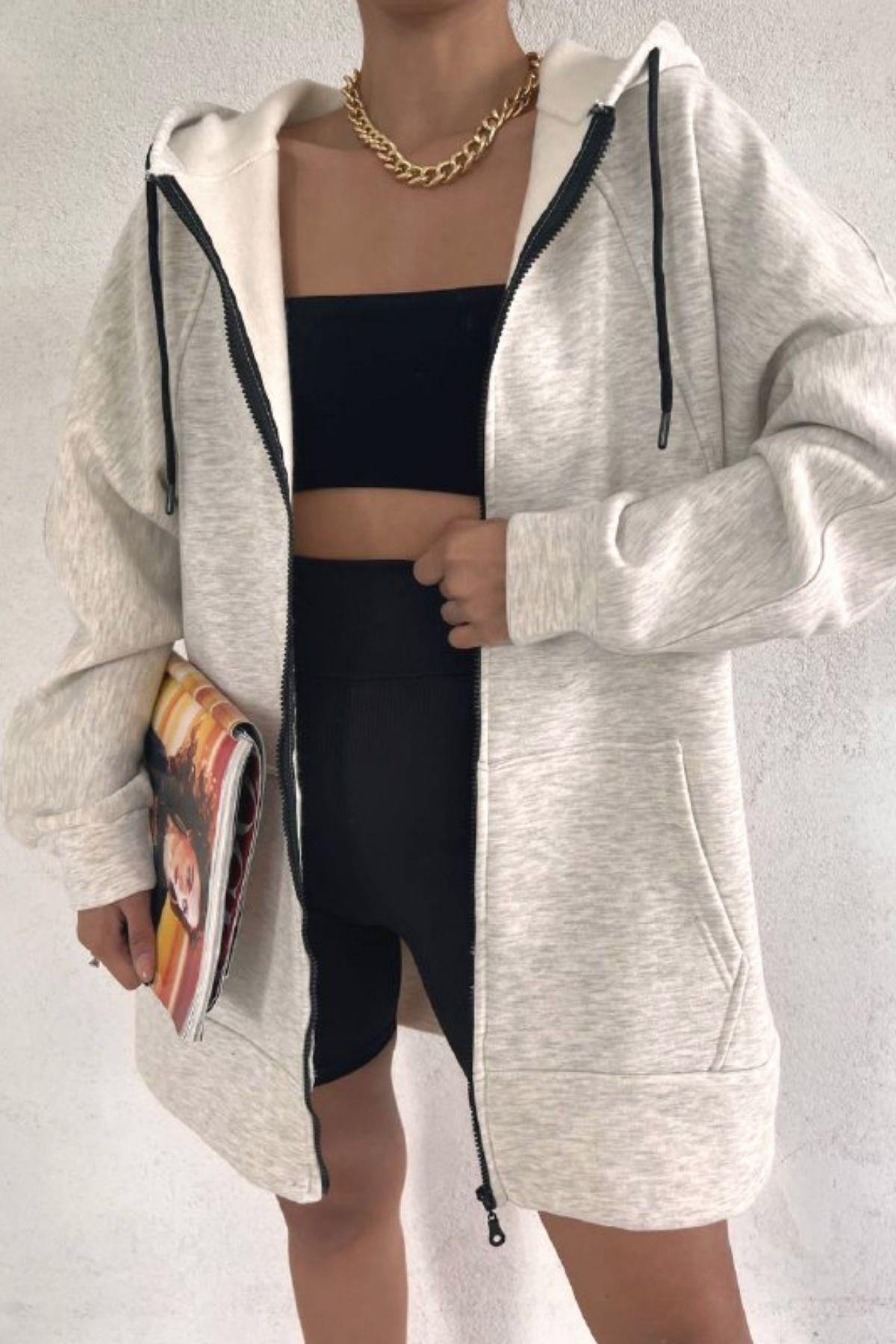 Oversize Fermuarlı Kalın Sweat Gri