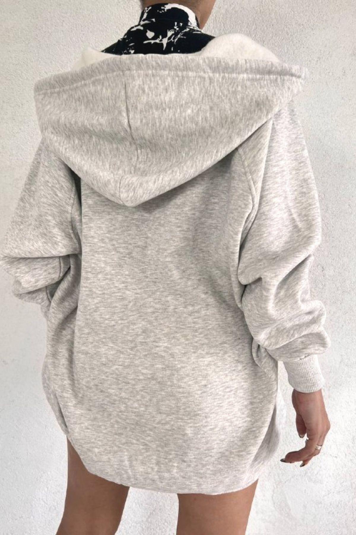 Oversize Fermuarlı Kalın Sweat Gri