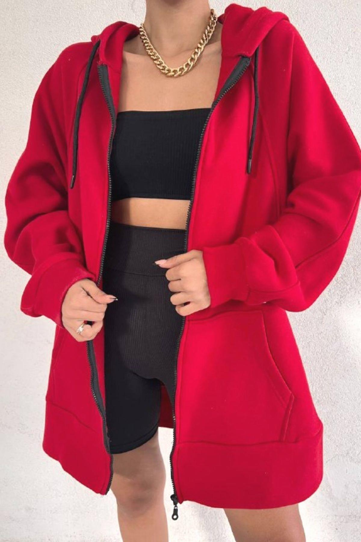 Oversize Fermuarlı Kalın Sweat Kırmızı