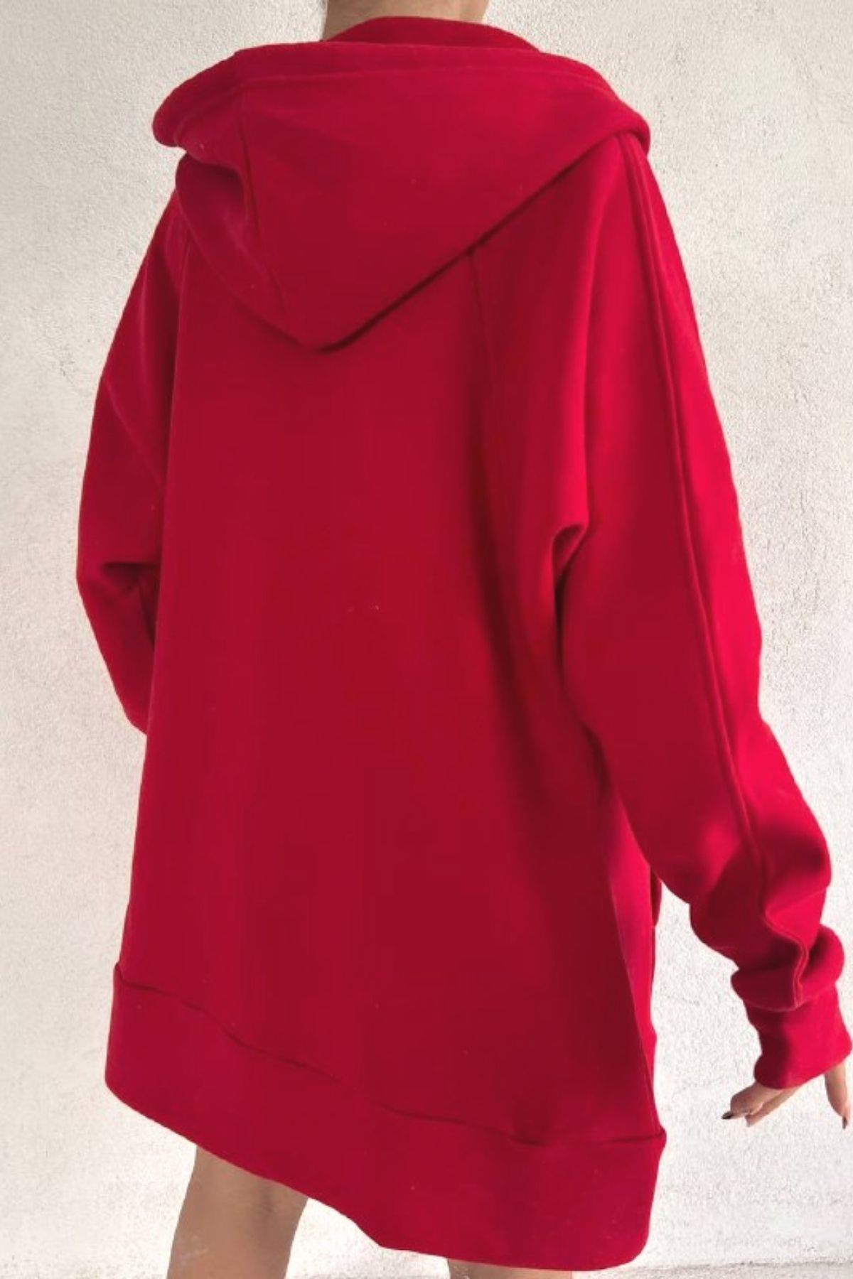 Oversize Fermuarlı Kalın Sweat Kırmızı