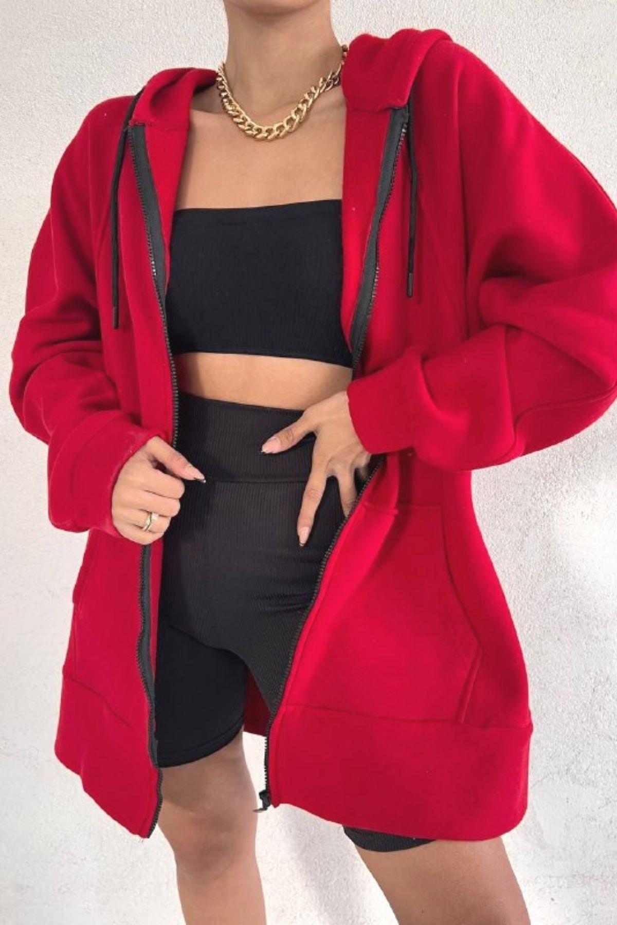Oversize Fermuarlı Kalın Sweat Kırmızı