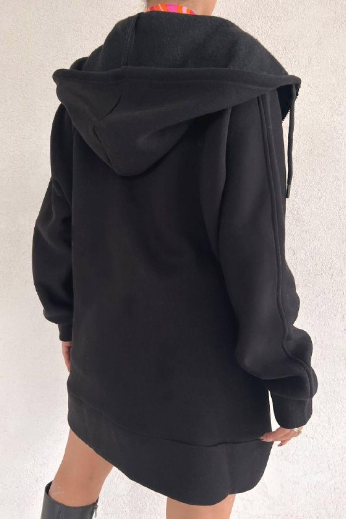 Oversize Fermuarlı Kalın Sweat Siyah