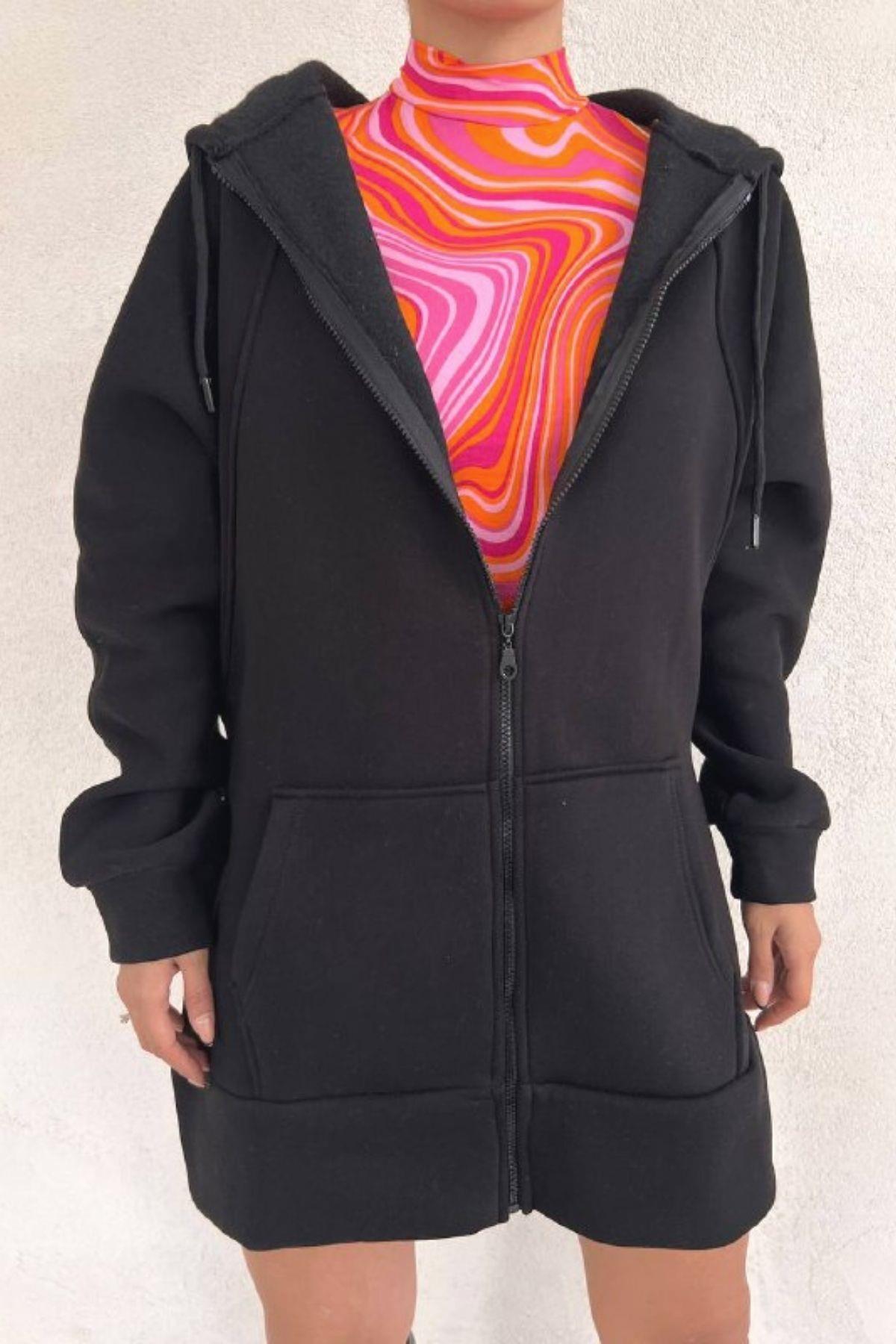Oversize Fermuarlı Kalın Sweat Siyah