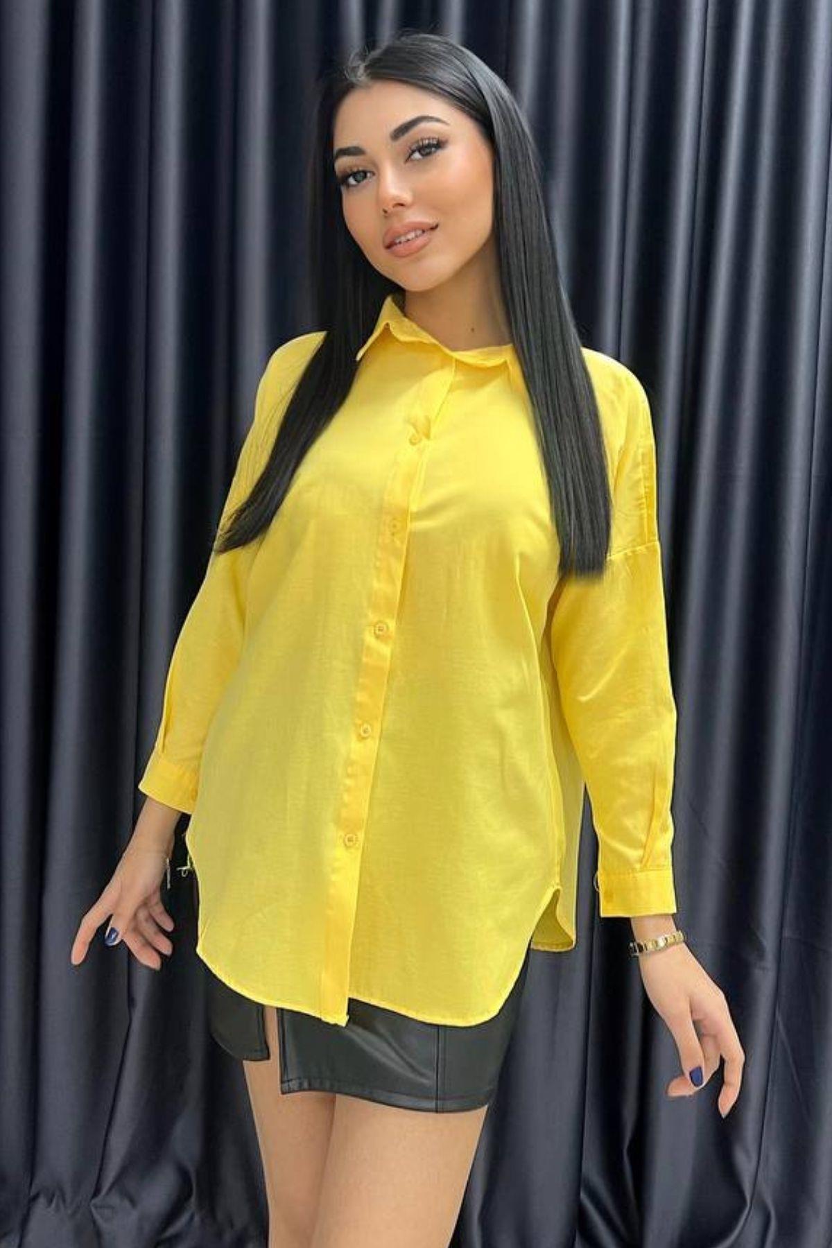 Oversize Kol Düğmeli Gömlek Sarı