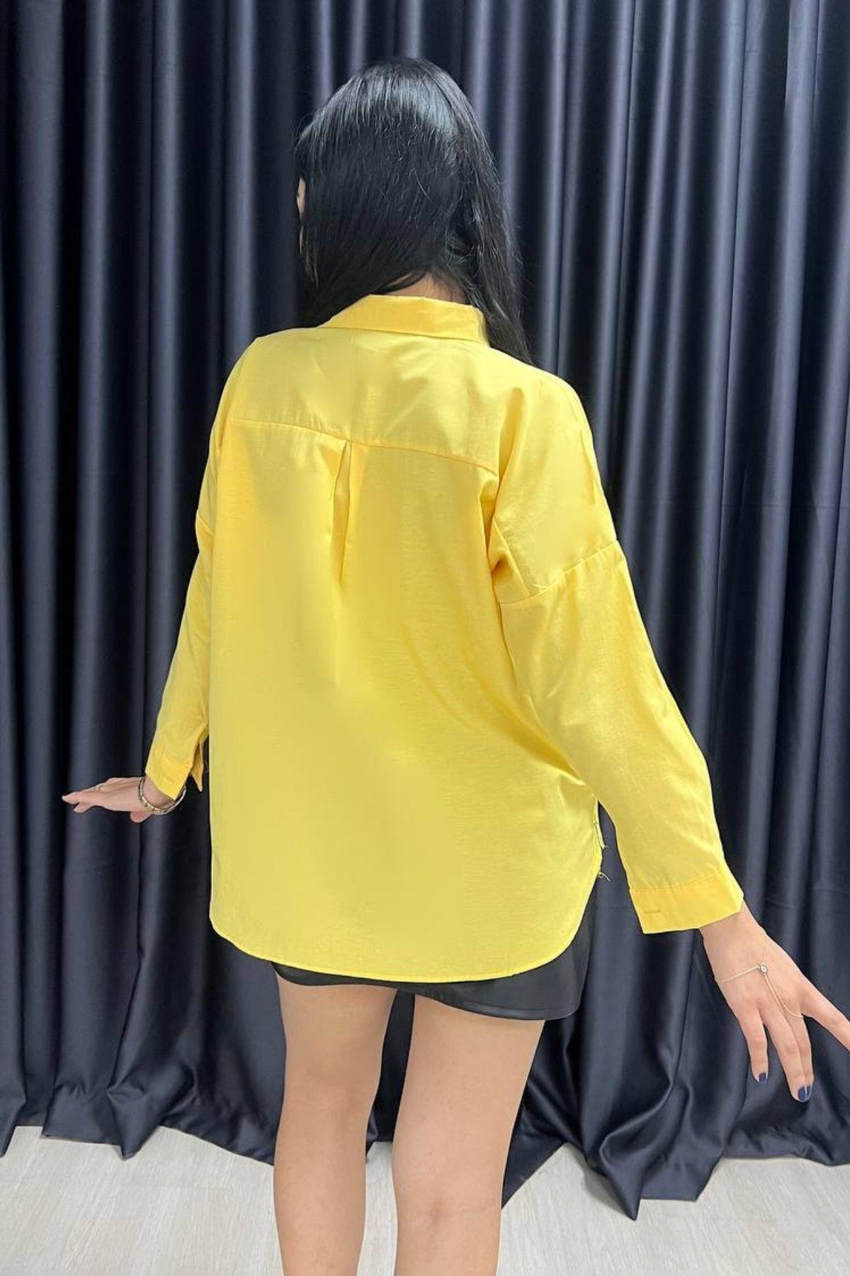 Oversize Kol Düğmeli Gömlek Sarı