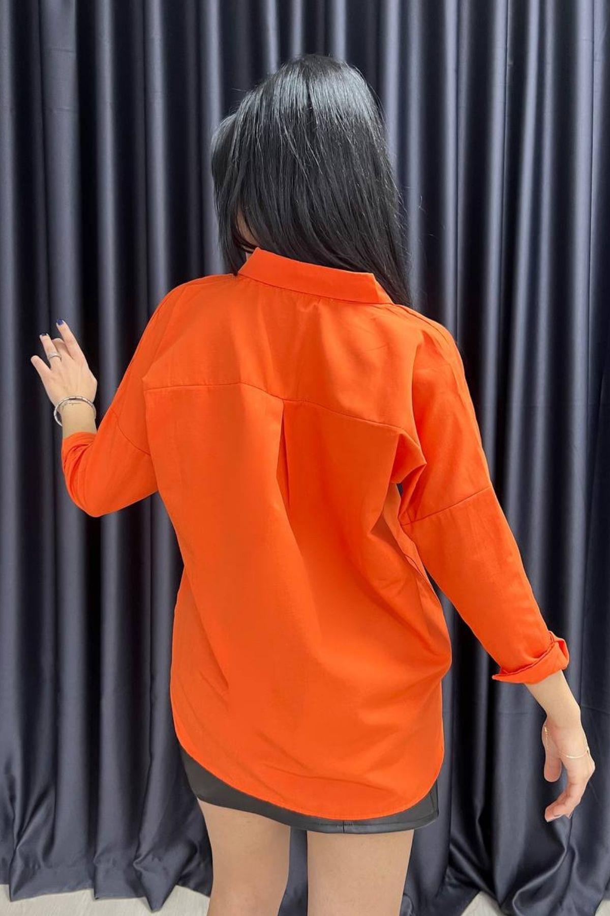 Oversize Kol Düğmeli Gömlek Turuncu